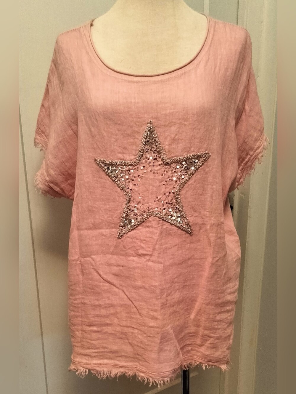 Women's Pink Sequin Star Cotton And Linen Tunic Top